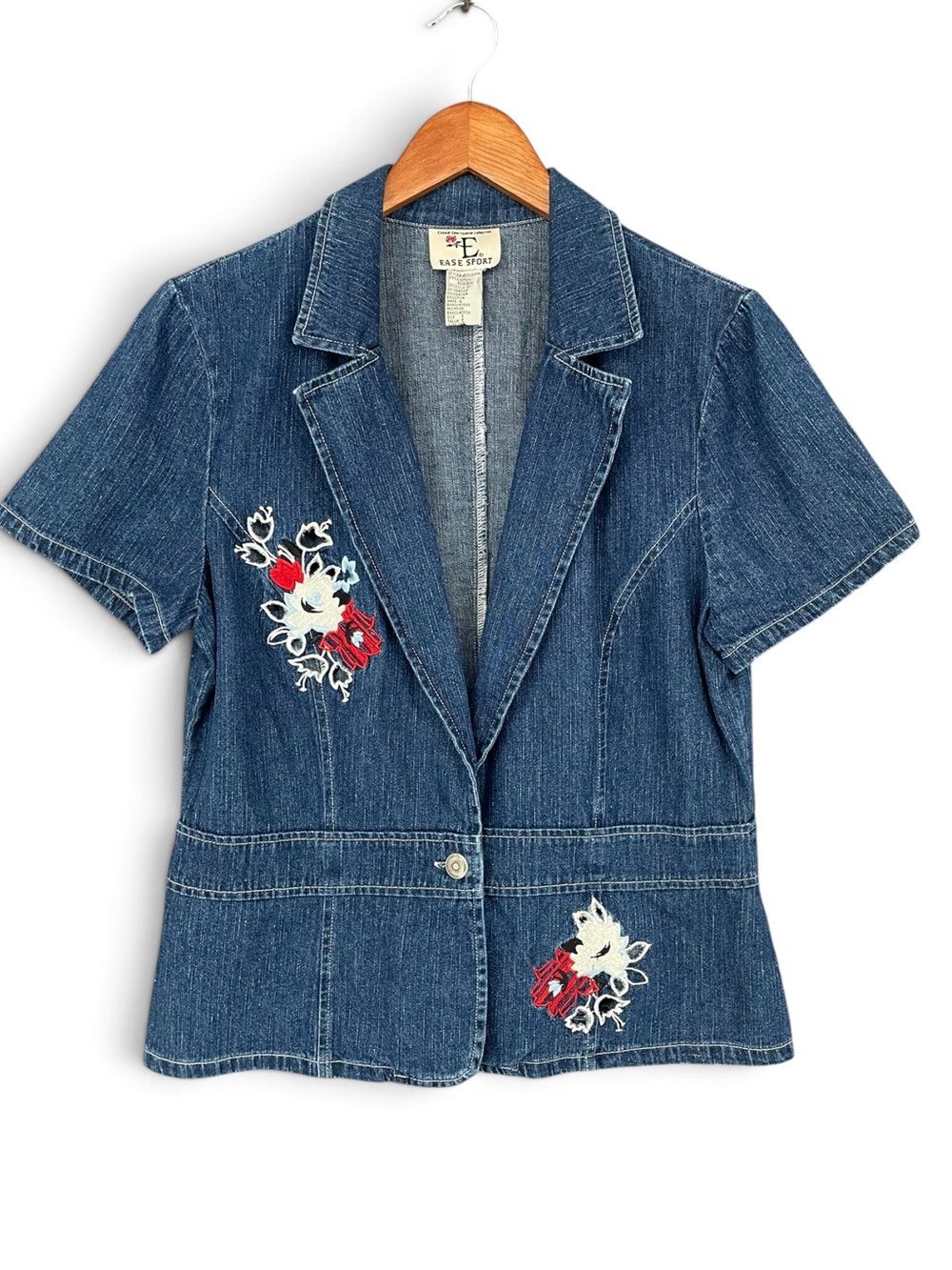 Ease Sport Vintage Short‑Sleeve Denim Blazer with Floral Cutout Embroidery Size